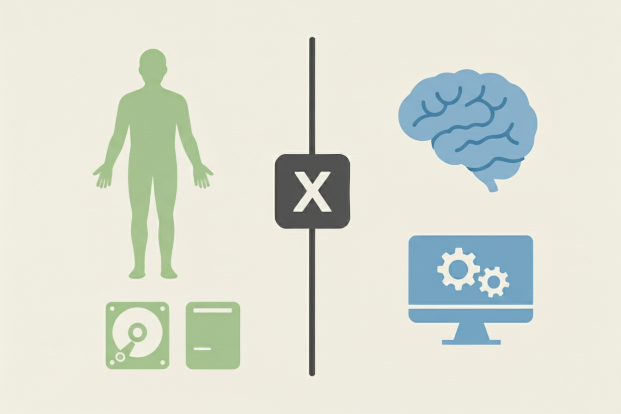 Esquema visual que compara "drive" e "driver" usando analogia. "Drive" é representado por um corpo humano e um disco rígido, enquanto "driver" é mostrado por um cérebro e uma engrenagem em uma tela.