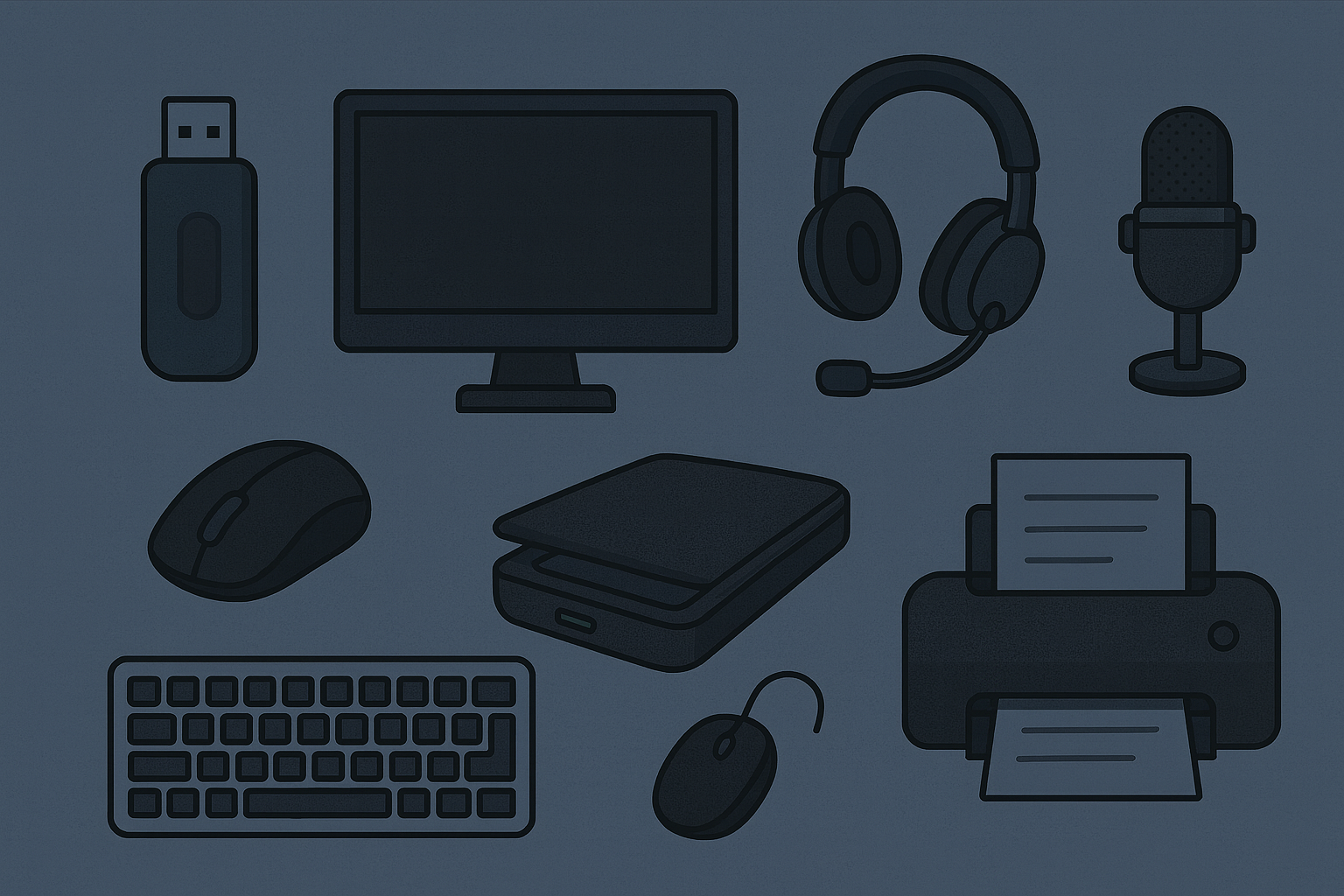 Ilustração de periféricos de computador em fundo azul claro, incluindo teclado, mouse, monitor, impressora, pen drive, headset, microfone e scanner.