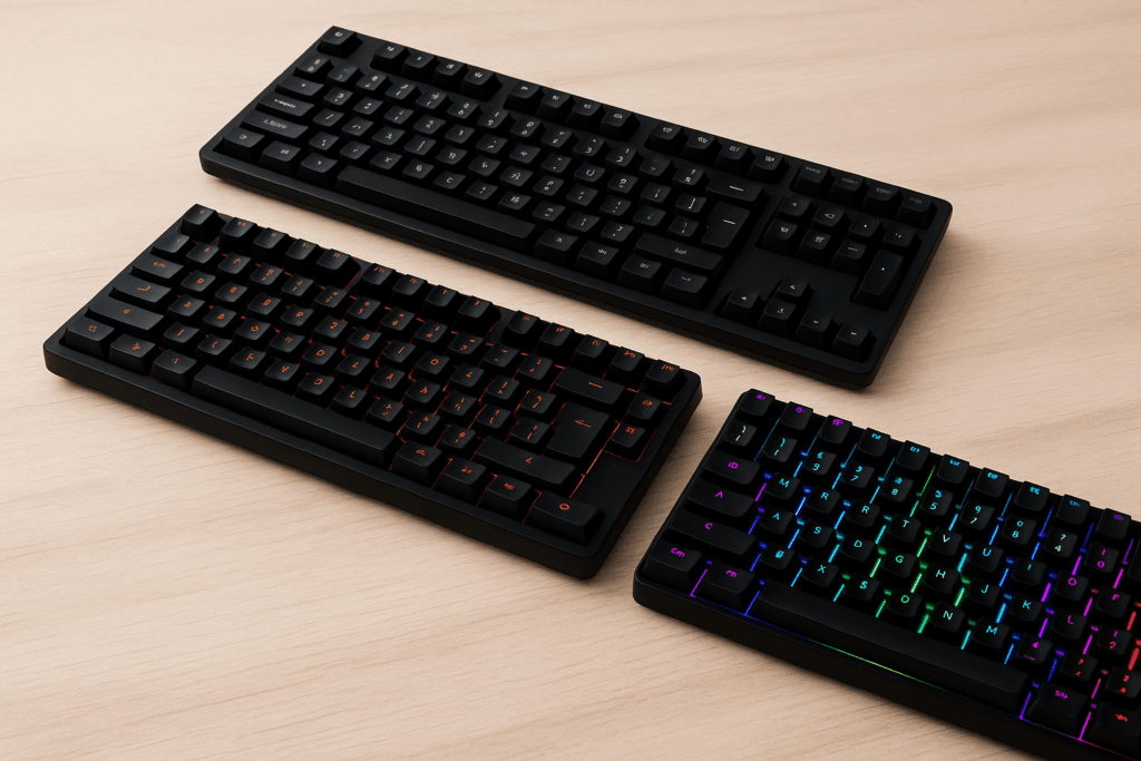 Três tipos de teclados sobre mesa clara: membrana sem LED, semi mecânico iluminado e mecânico RGB gamer.