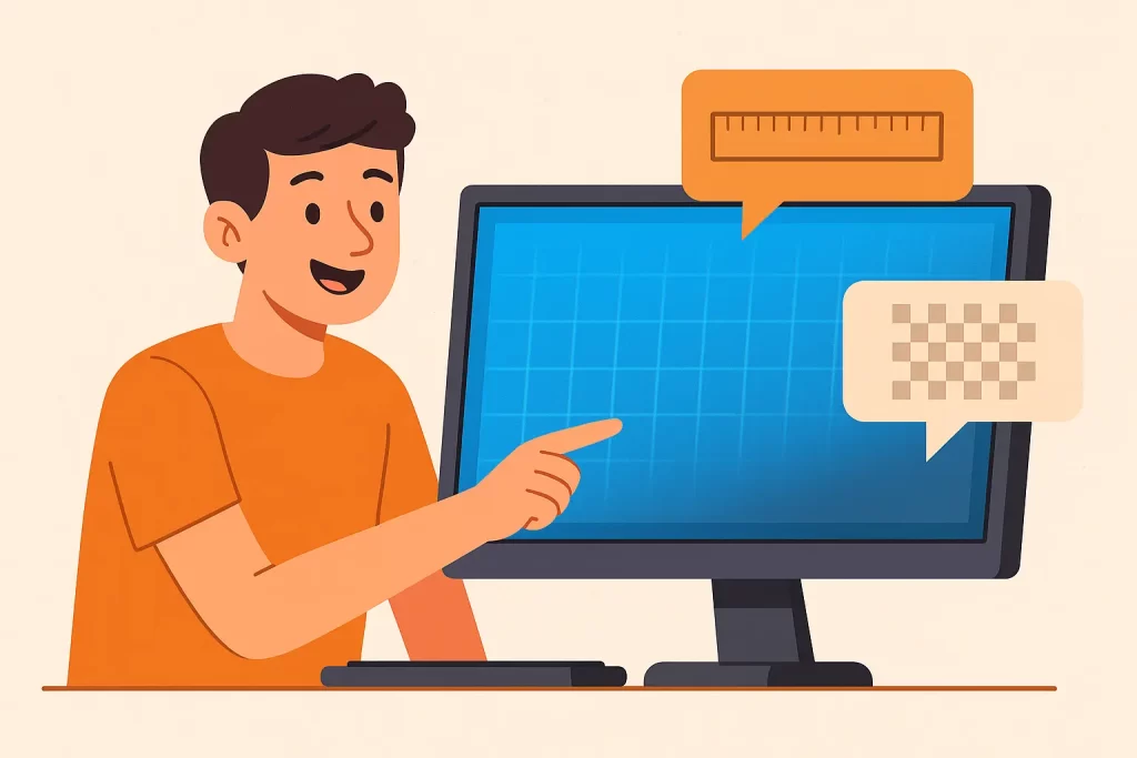 Ilustração educativa de um jovem sorridente apontando para um monitor, com ícones representando tamanho (régua) e resolução (pixels).