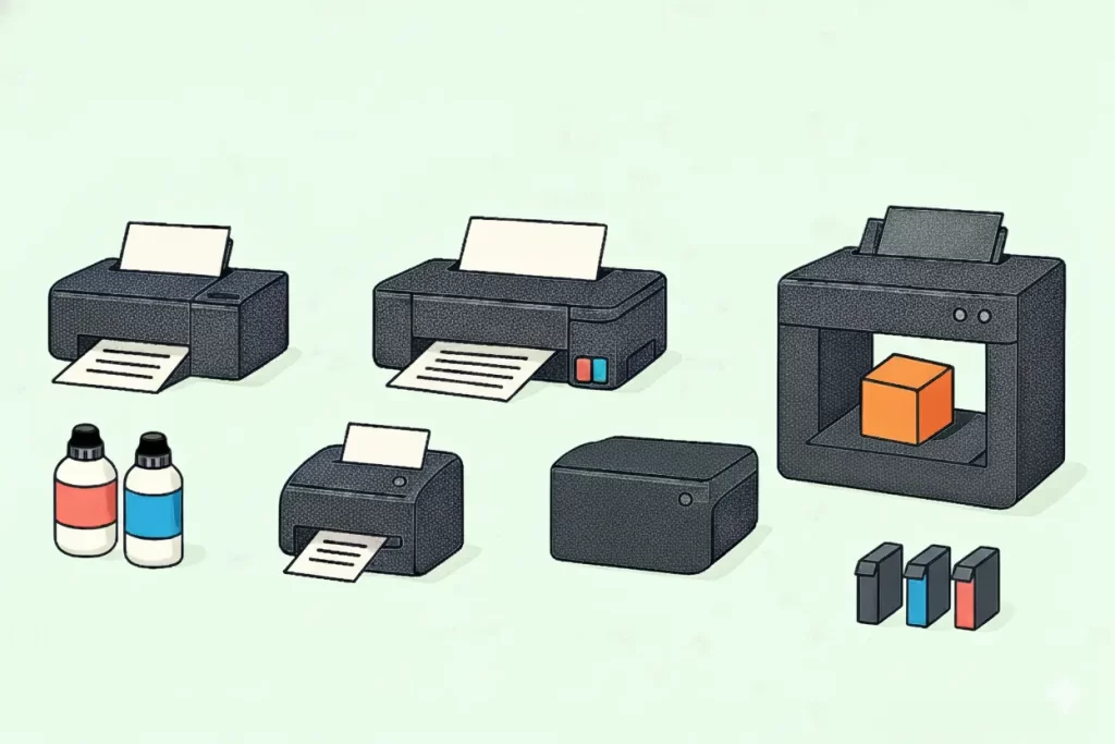 Ilustração mostrando diferentes tipos de impressoras lado a lado: impressora de cartucho com cartuchos coloridos, impressora de tanque de tinta com garrafinhas de recarga, impressora a laser e impressora 3D imprimindo um objeto.
